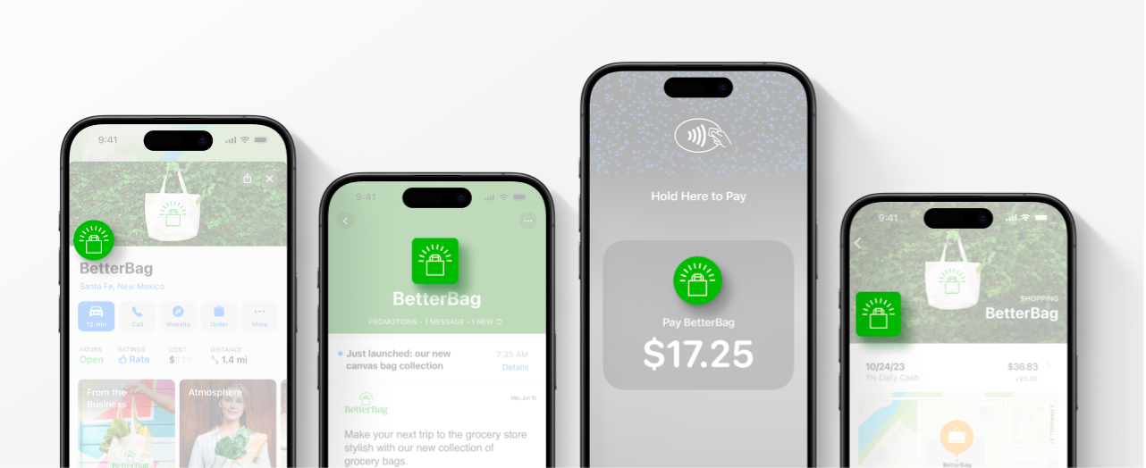 Four iPhone screens showing where a brand logo appears.