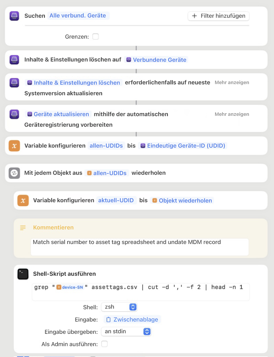 Ein Beispiel für einen Apple Configurator-Kurzbefehl zeigt mehrere unterschiedliche Aktionen, einschließlich Variablen und Shell-Skripts.