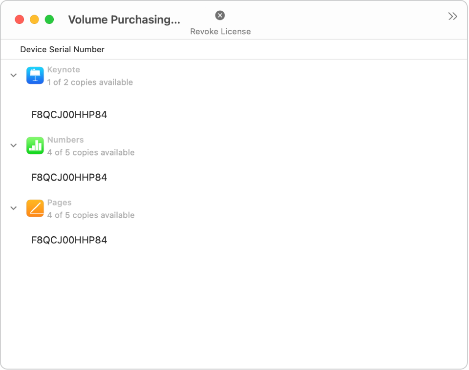 The window for viewing the apps that were purchased in volume.