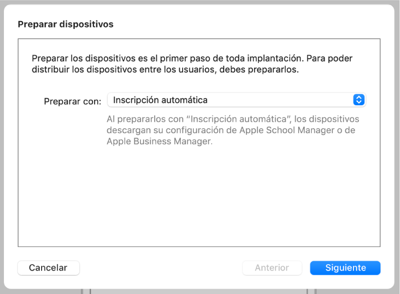 Captura de pantalla del cuadro de diálogo “Preparar dispositivos” que el asistente de preparación usa para automatizar la inscripción en un servicio de gestión de dispositivos.