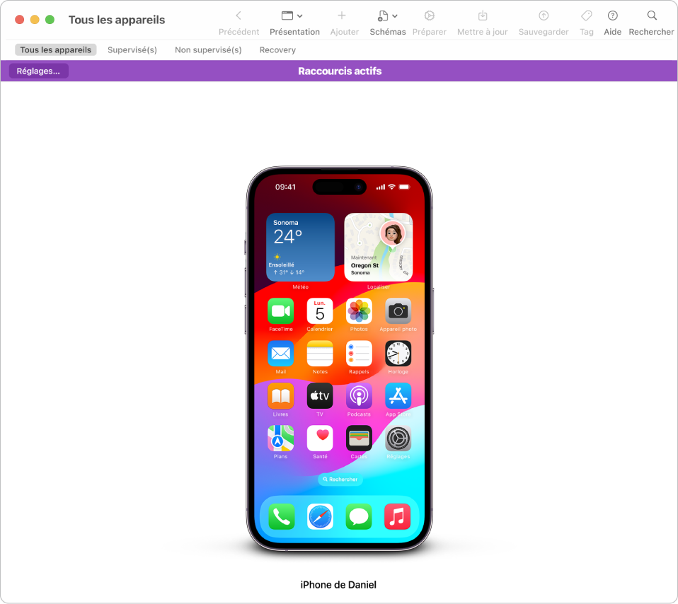 Une fenêtre Apple Configurator montrant les raccourcis actifs lors de la connexion/déconnexion d’un appareil ; un écran d’iPhone est affiché au milieu de la fenêtre.