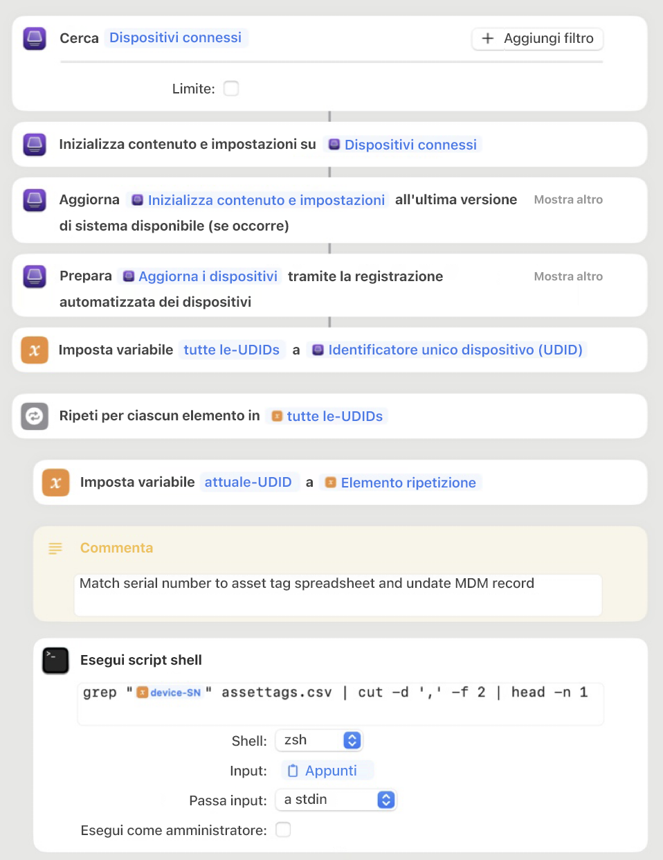 Comando rapido esemplificativo di Apple Configurator che mostra diverse azioni differenti e include le variabili e gli script di shell.