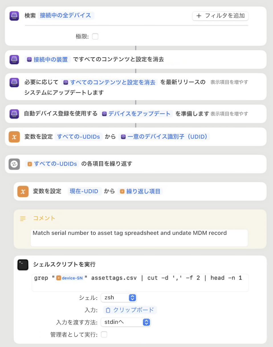 Apple Configuratorのショートカットの例。変数やシェルスクリプトを含む、さまざまなアクションが表示されています。