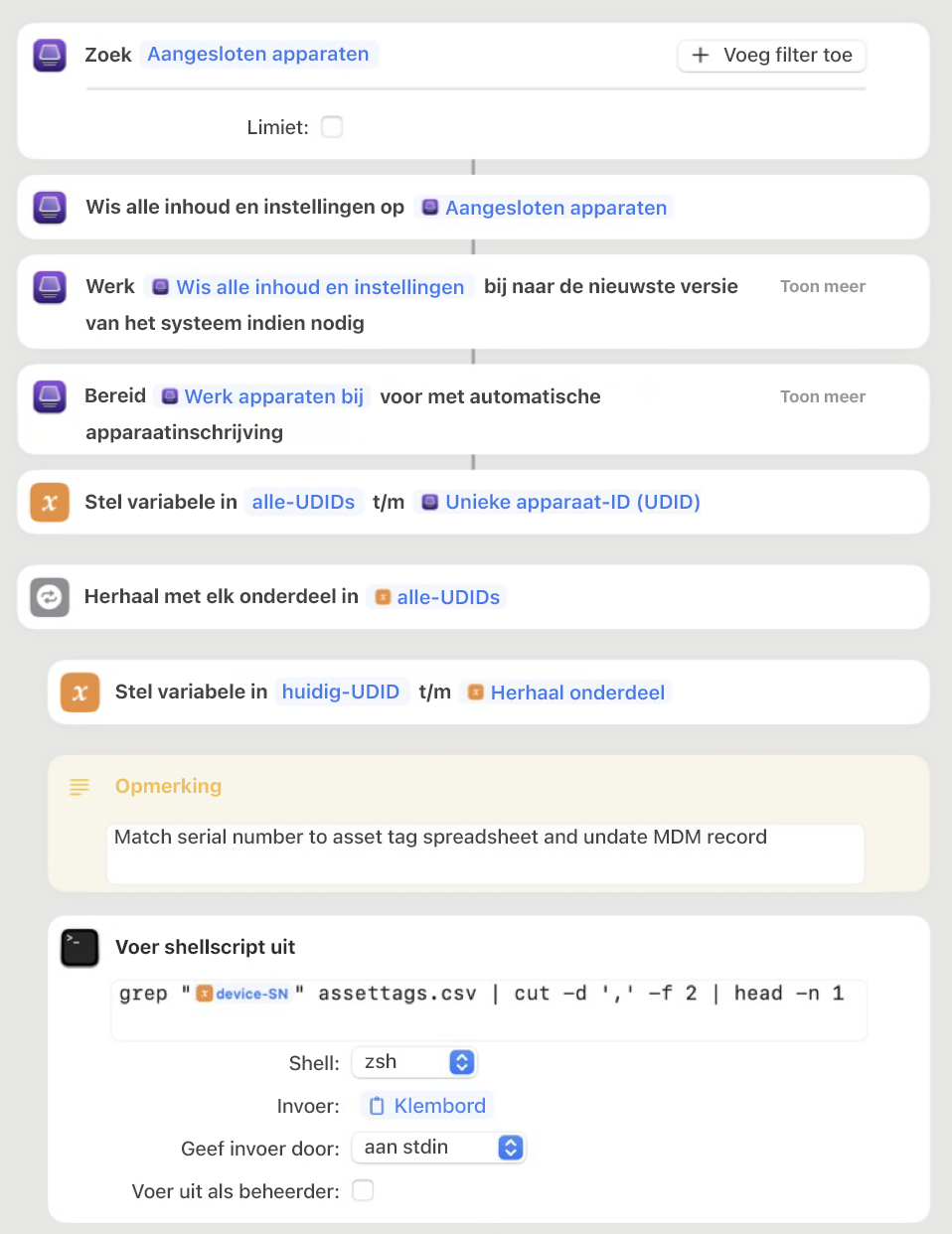 Voorbeeld van een Apple Configurator-opdracht bestaande uit verschillende taken met variabelen en shellscripts.