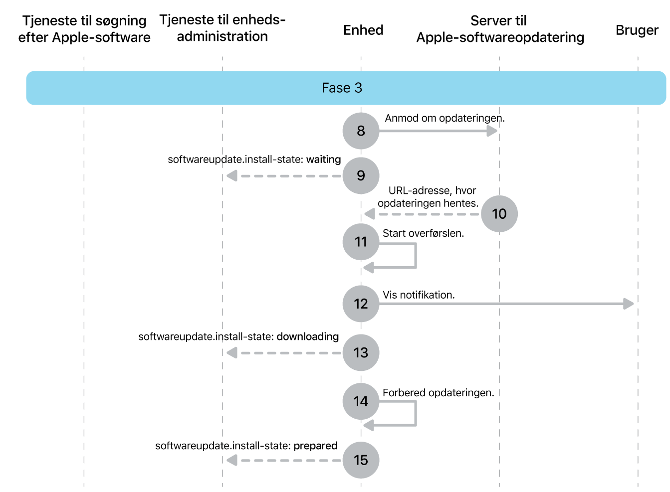 Fase 3 viser trin 8 til 16 til gennemtvingelse af Apple-softwareopdatering.