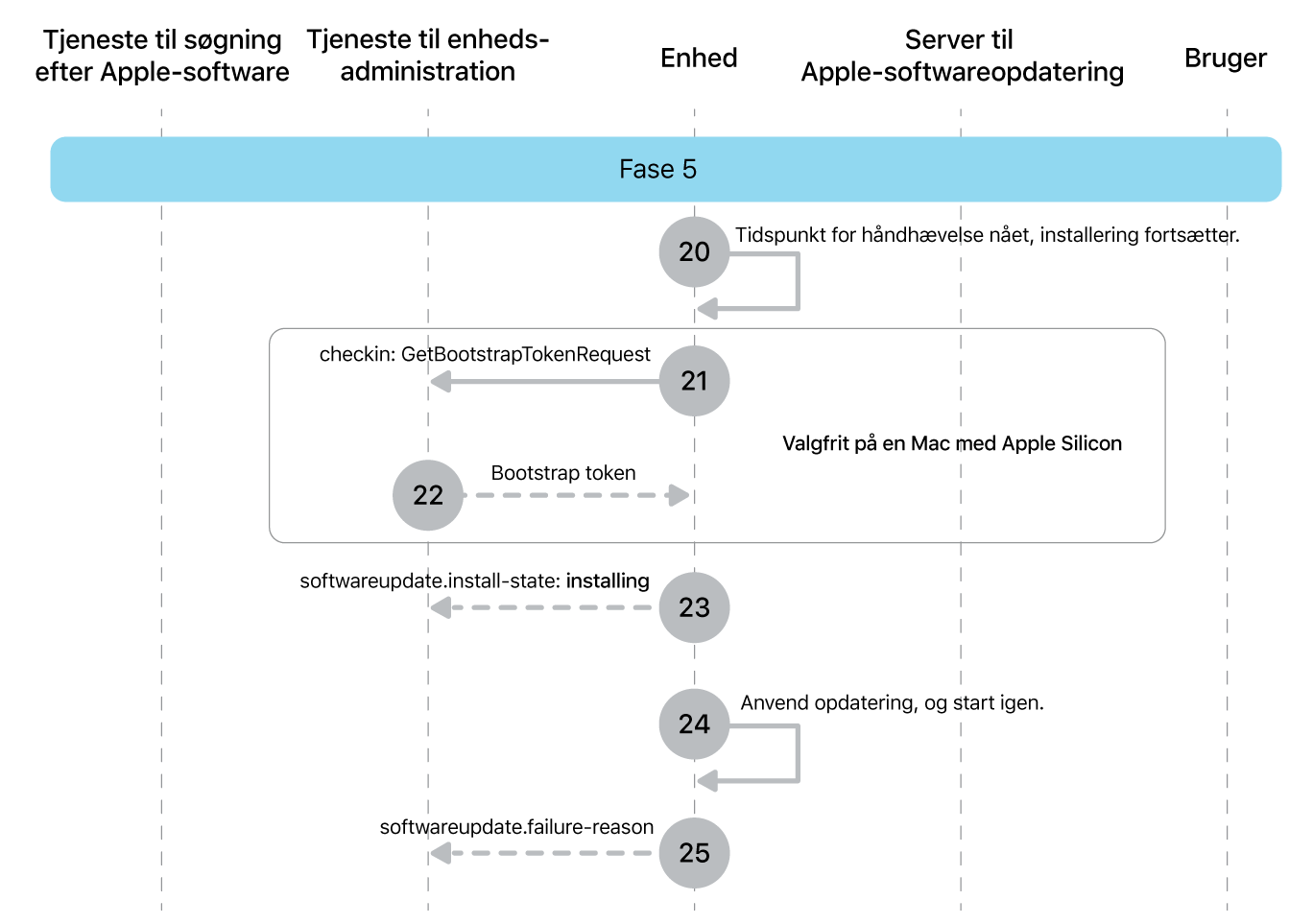 Fase 5 viser trin 20 til 25 til gennemtvingelse af Apple-softwareopdatering.