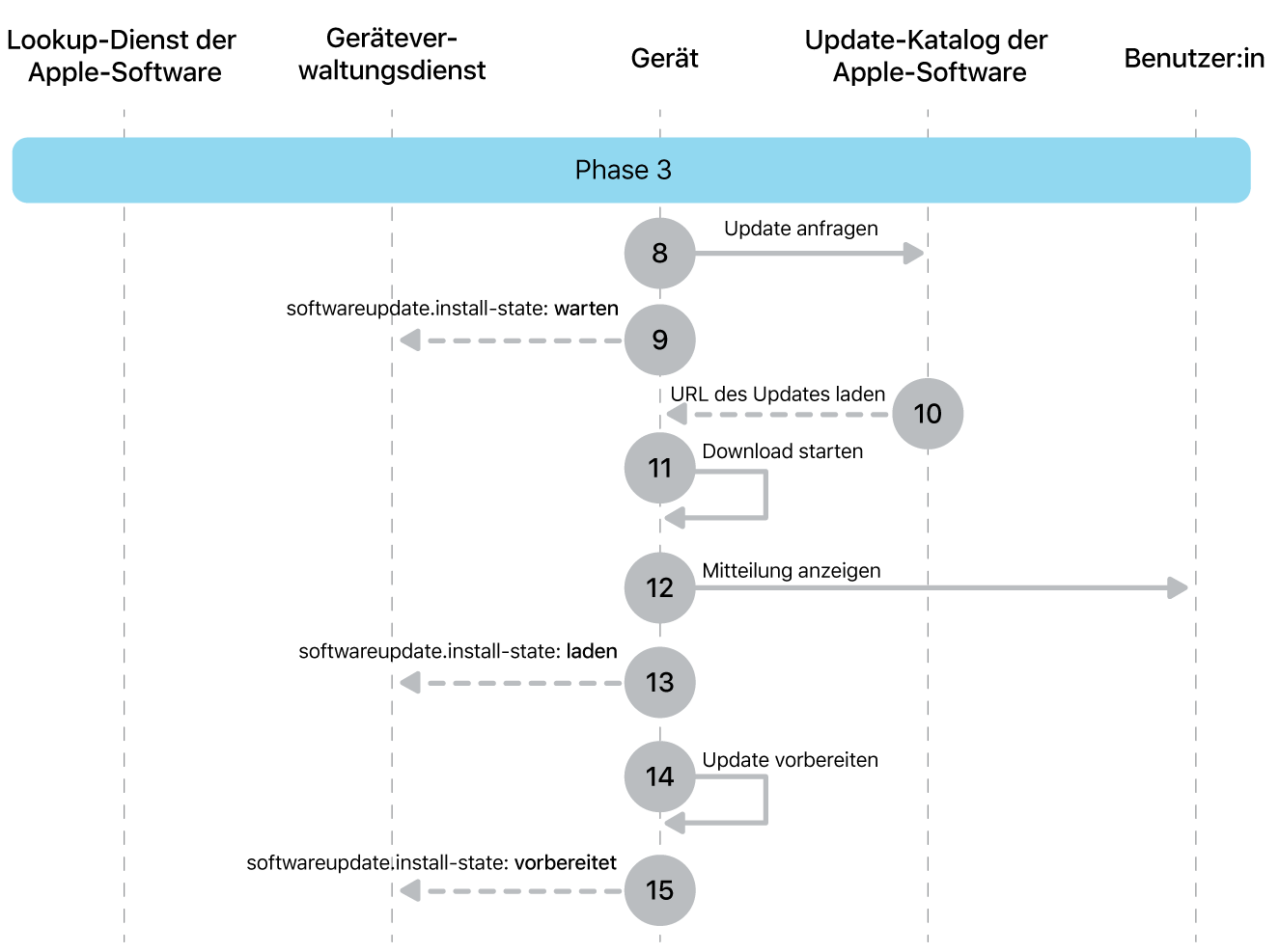 Phase 3 zeigt die Schritte 8 bis 16 der Durchsetzung von Softwareupdates von Apple