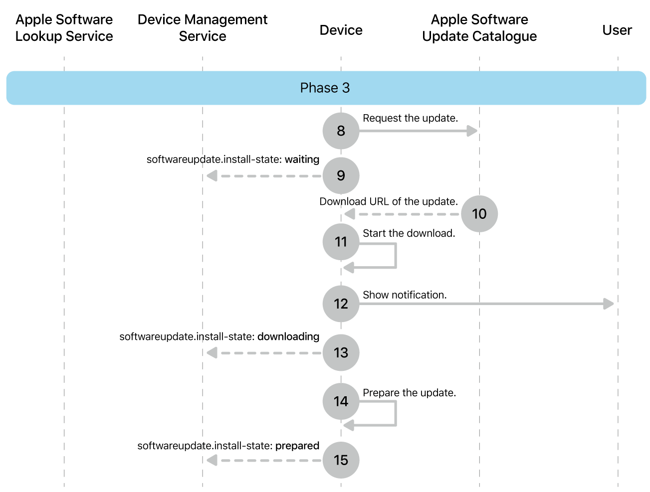 Phase 3 showing steps 8 to 16 of Apple software update enforcement.