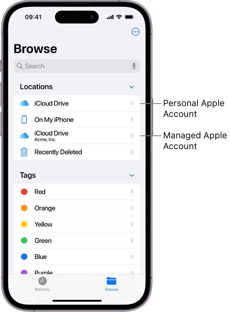 An iPhone screen showing two iCloud Drives, one using a personal Apple Account and one using a Managed Apple Account.