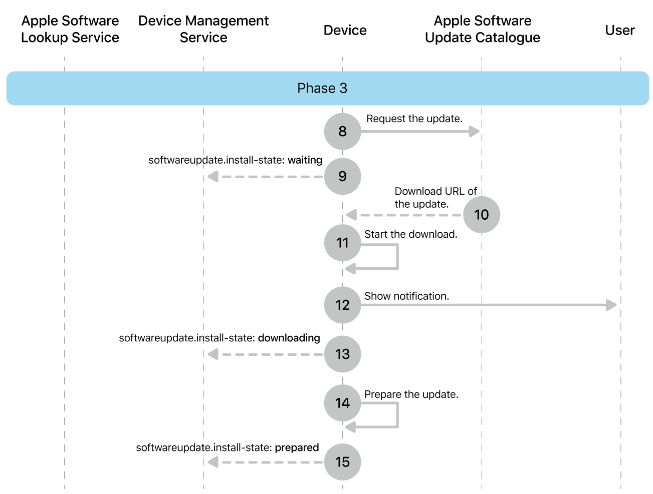 Phase 3 showing steps 8 to 16 of Apple software update enforcement.