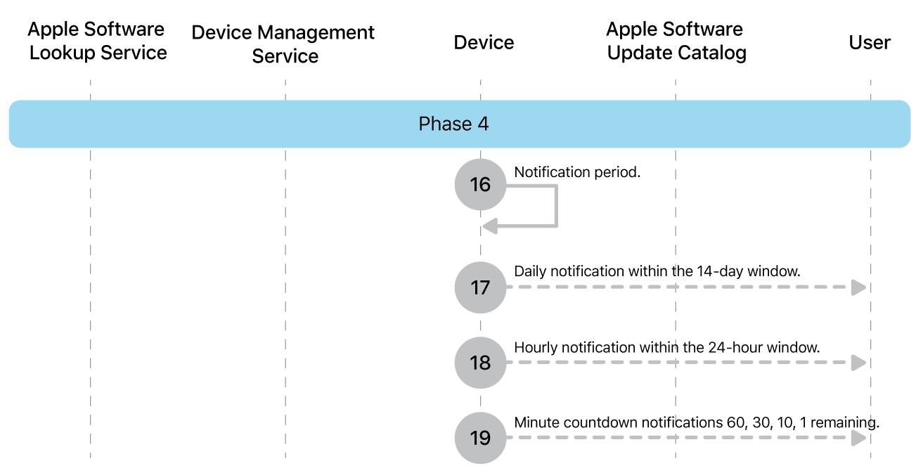 Phase 4 showing steps 16 through 19 of Apple software update enforcement.