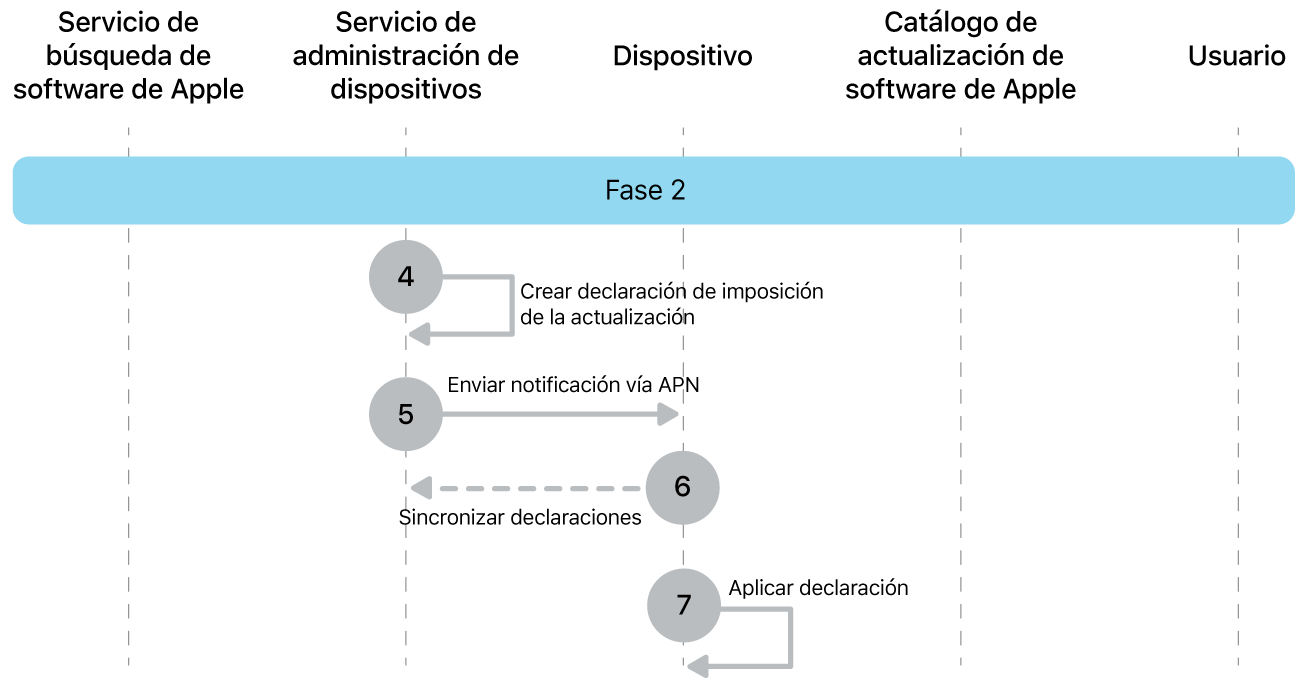 La segunda fase mostrando los pasos del 4 al 7 de la imposición de actualización de software de Apple.