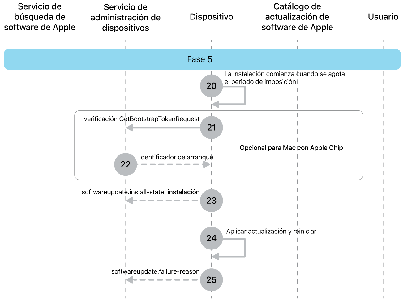 La quinta fase mostrando los pasos del 20 al 25 de la imposición de actualización de software de Apple.