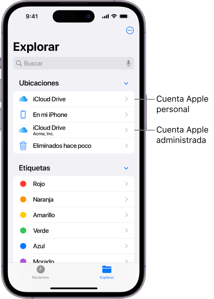 La pantalla de un iPhone mostrando dos iCloud Drives, una cuenta de una de Apple personal, y otra de una cuenta de Apple administrada.