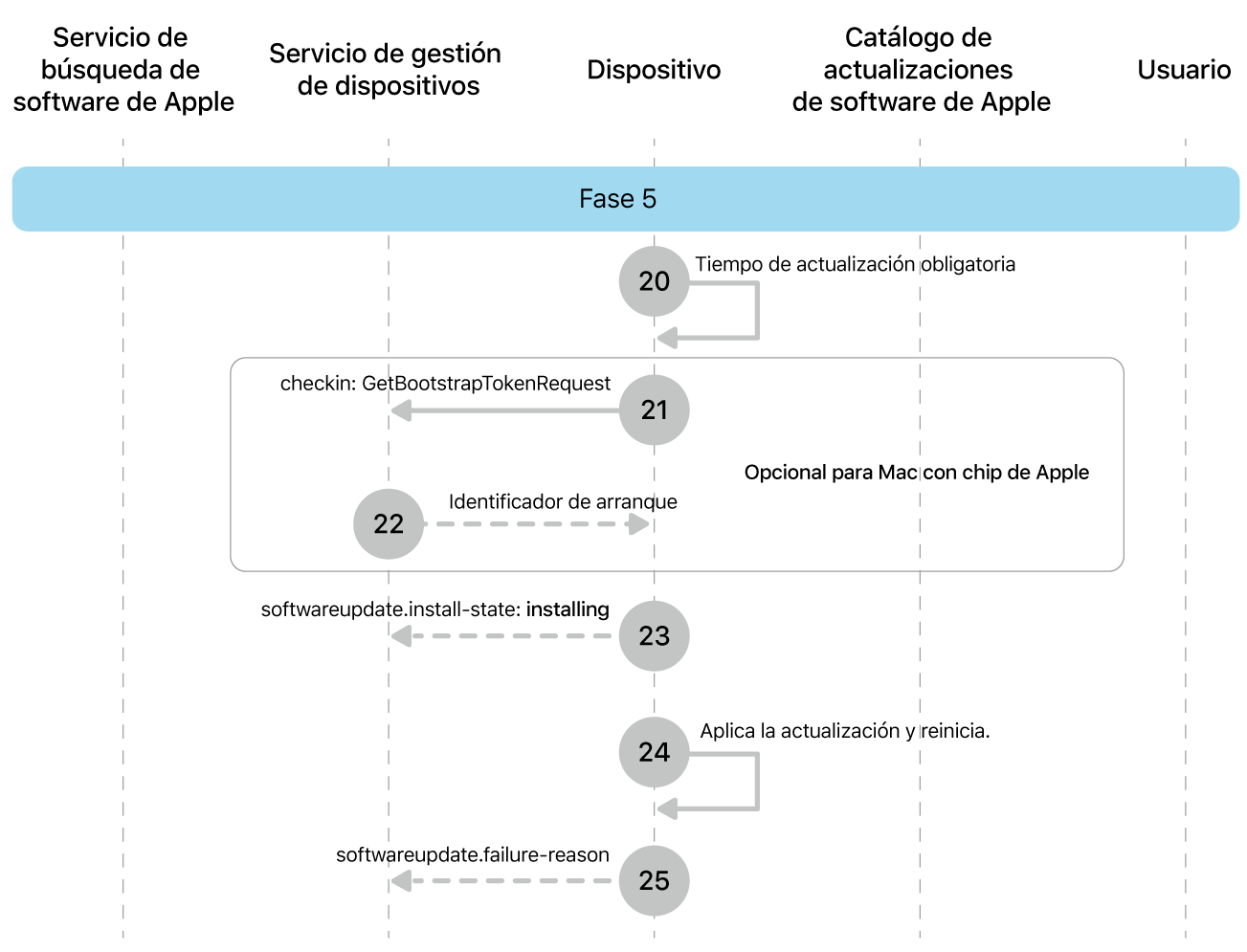 Fase 5 con los pasos del 20 al 25 de la imposición de una actualización de software de Apple.