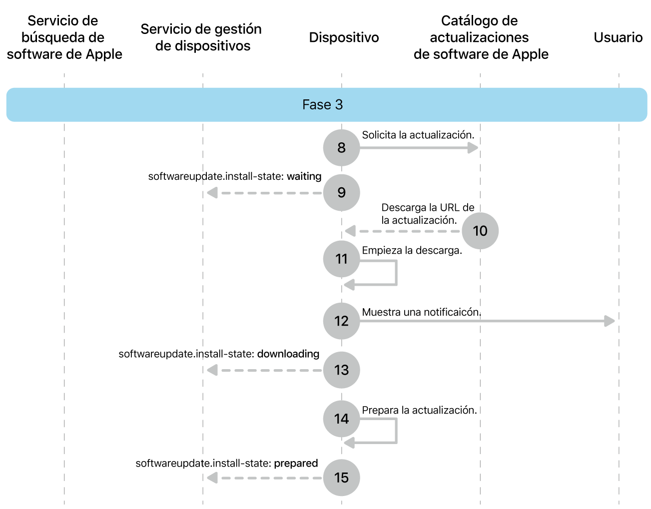 Fase 3 con los pasos del 8 al 16 de la imposición de una actualización de software de Apple.