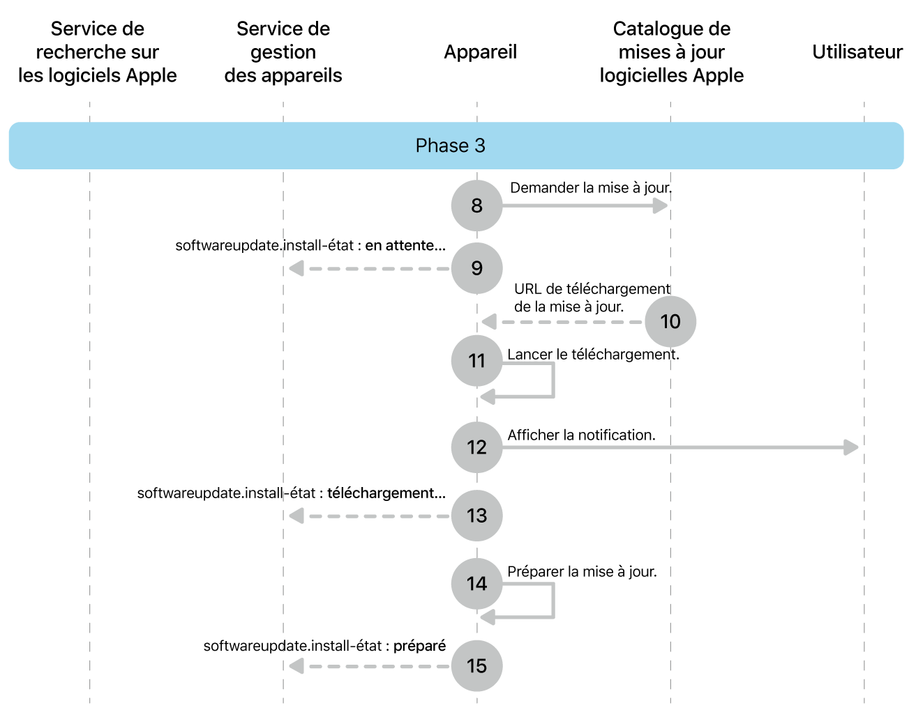 Phase 3 montrant les étapes 8 à 16 de l’application de la mise à jour logicielle d’Apple.