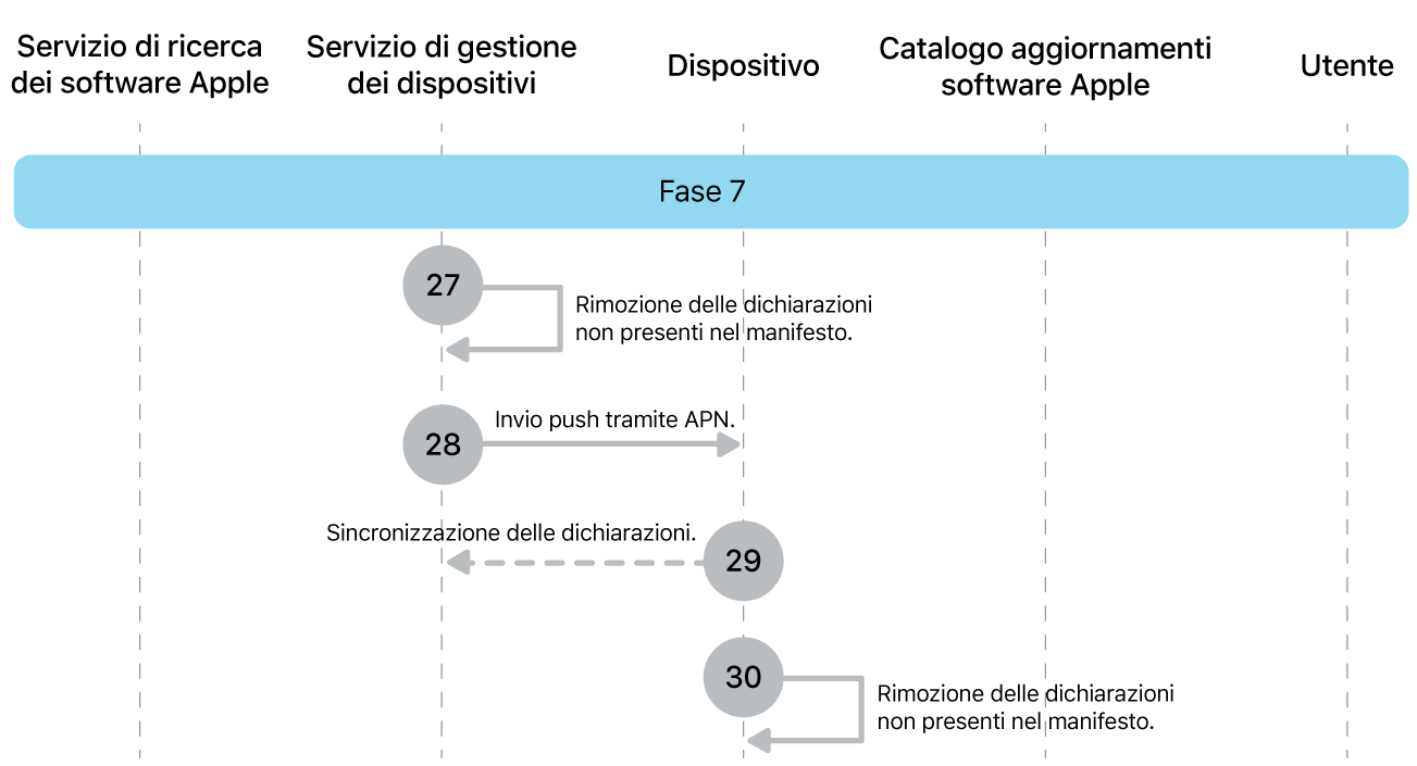 Fase 7 che mostra i passaggi da 27 a 30 dell’imposizione dell’aggiornamento software Apple.