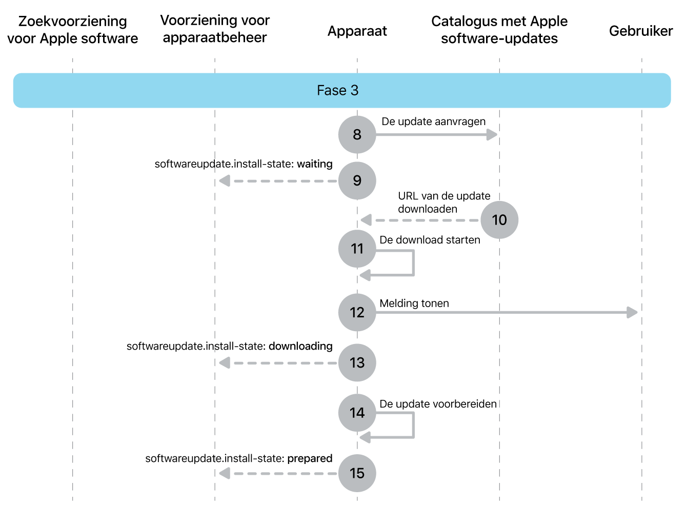 Fase 3 met stap 8 tot en met 16 voor de afdwinging van Apple software-updates.