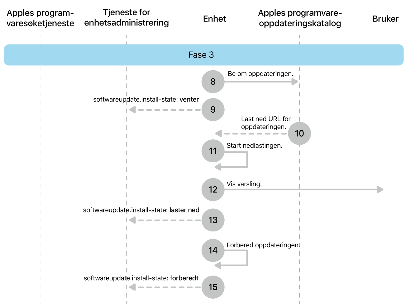 Fase 3 viser trinn 8 til 16 for håndheving av oppdatering av Apple-programvare.