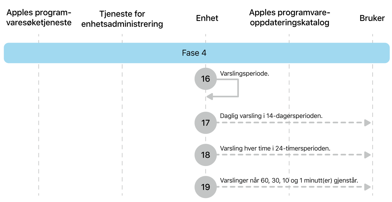 Fase 4 viser trinn 16 til 19 for håndheving av oppdatering av Apple-programvare.