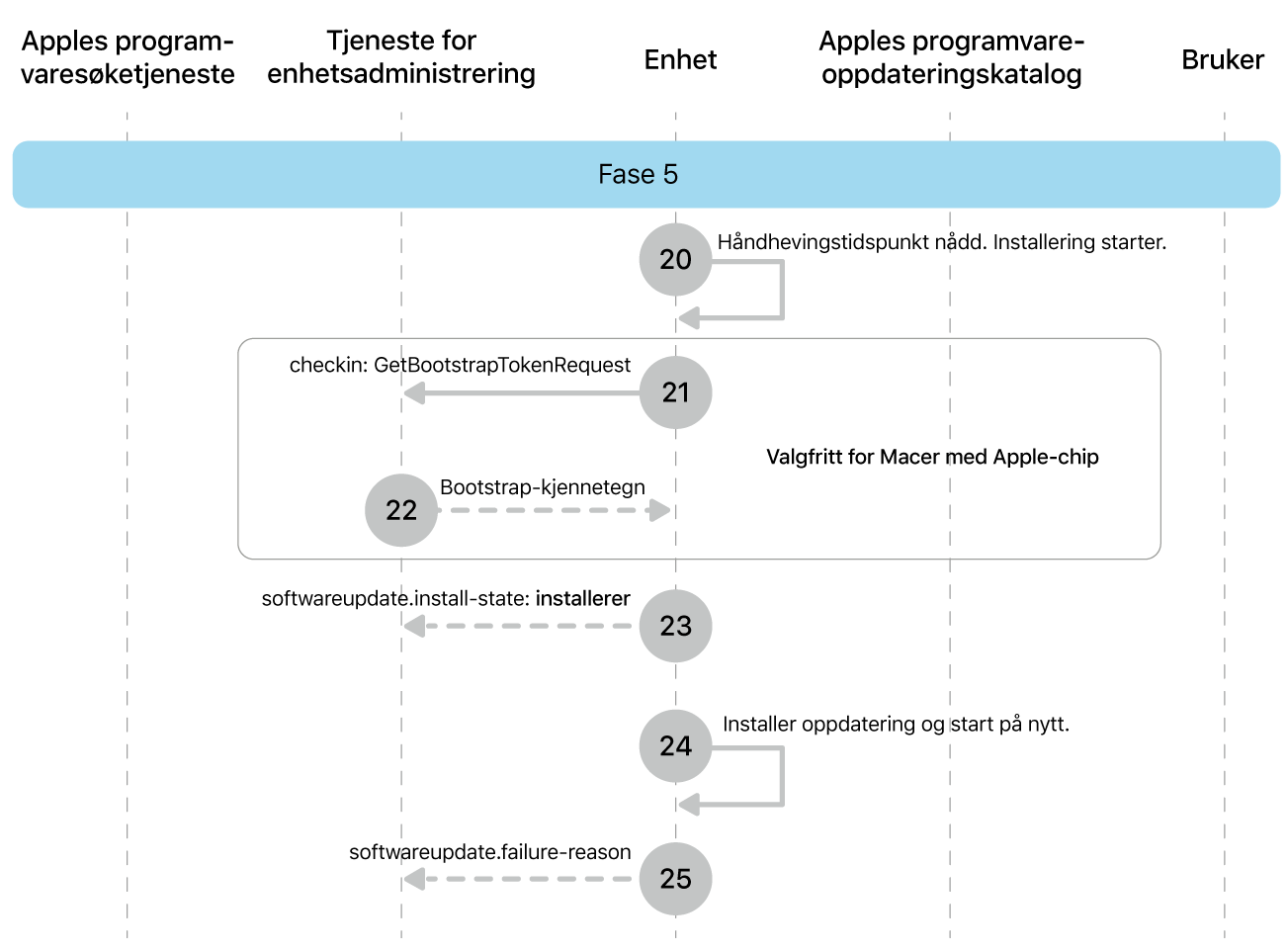 Fase 5 viser trinn 20 til 25 for håndheving av oppdatering av Apple-programvare.