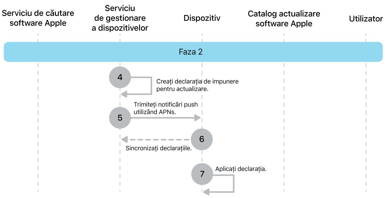 Faza 2 afișând pașii de la 4 la 7 ai impunerii actualizării de software Apple.