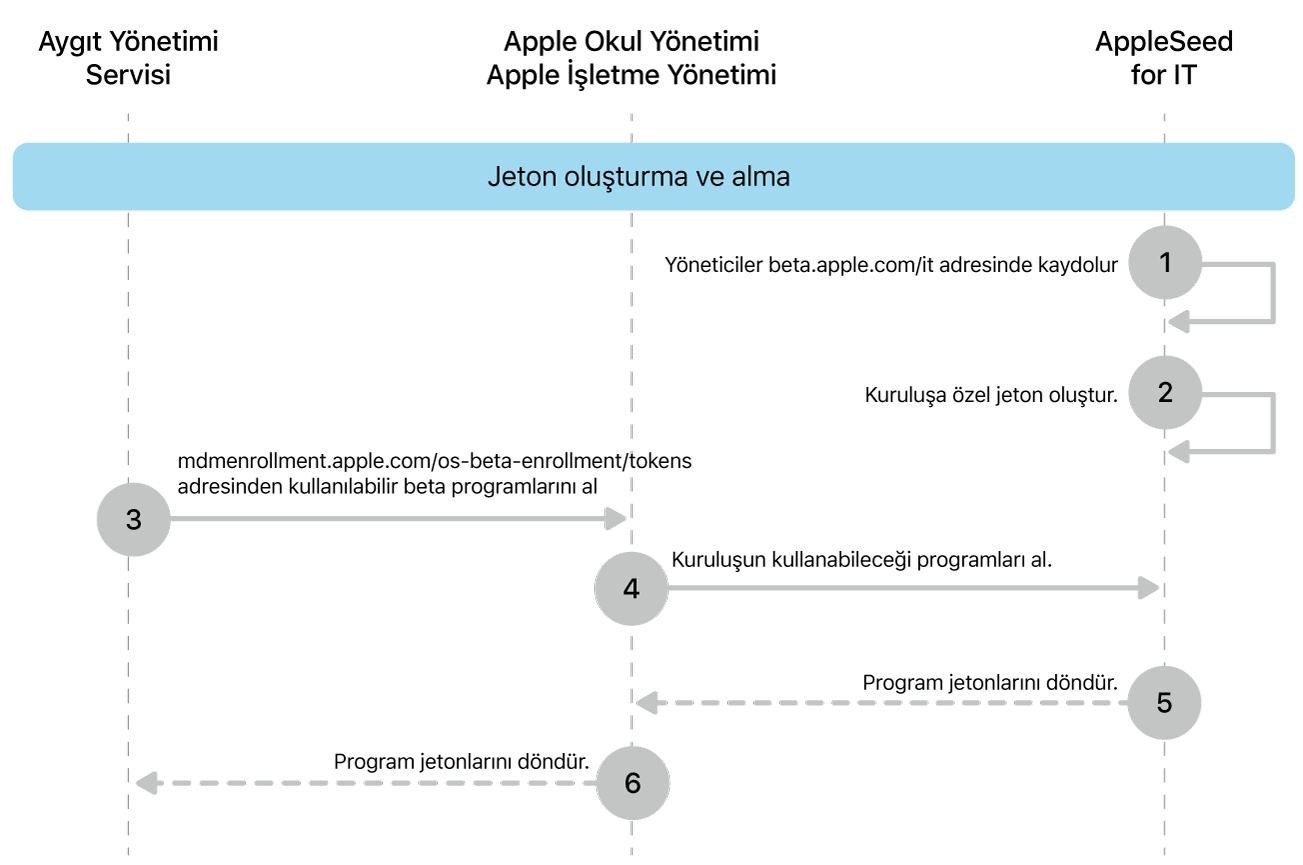 Yazılım güncellemelerini test etmek için beta programı jeton akışı.