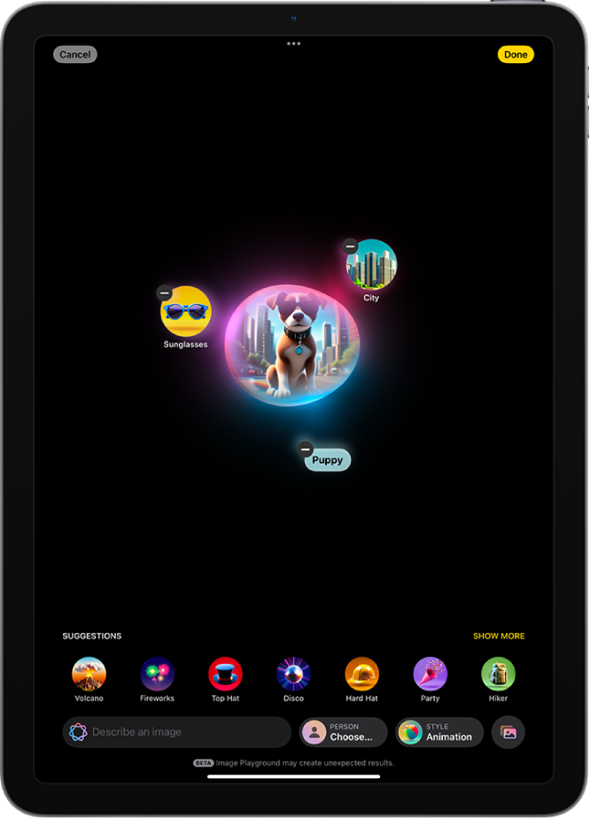 The Image Playground app window showing a created image of a person dressed as a superhero.