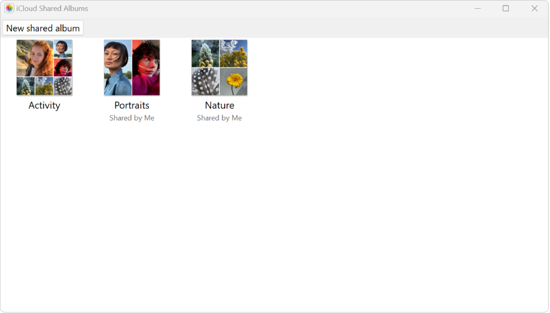 Aplikace Sdílená alba iCloudu ukazující dvě sdílená alba: Portréty a Den v parku.