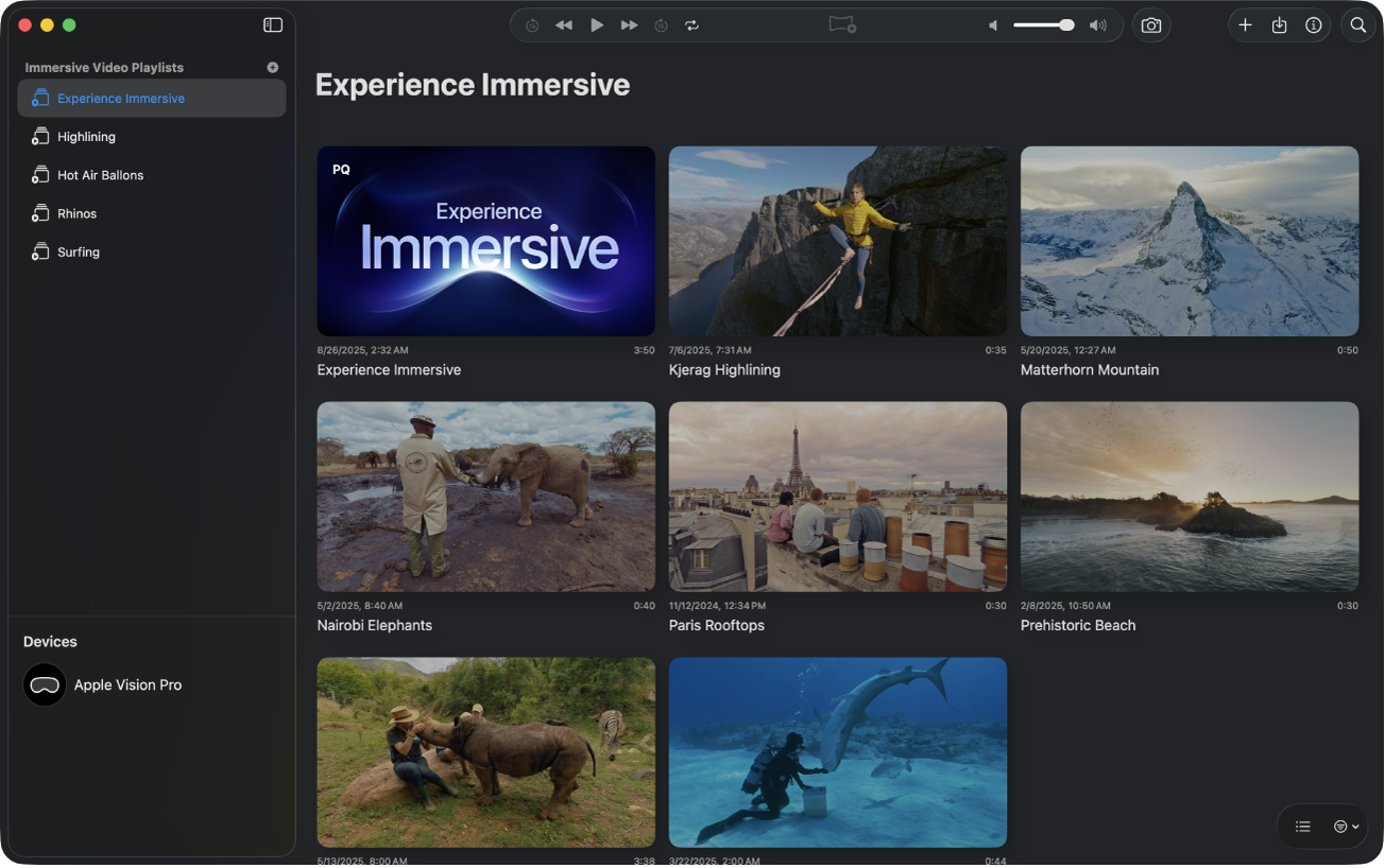 Das Fenster des Apple Immersive Video-Dienstprogramms auf dem Mac mit der Playlist-Ansicht.