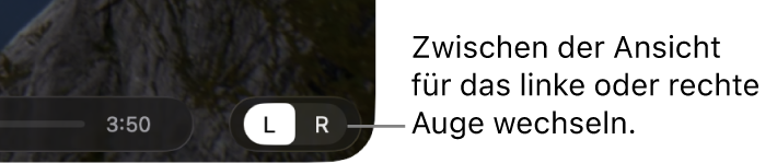 Steuerelemente im Apple Immersive Video-Dienstprogramm auf dem Mac, um zwischen der Ansicht des linken und des rechten Auges zu wechseln.