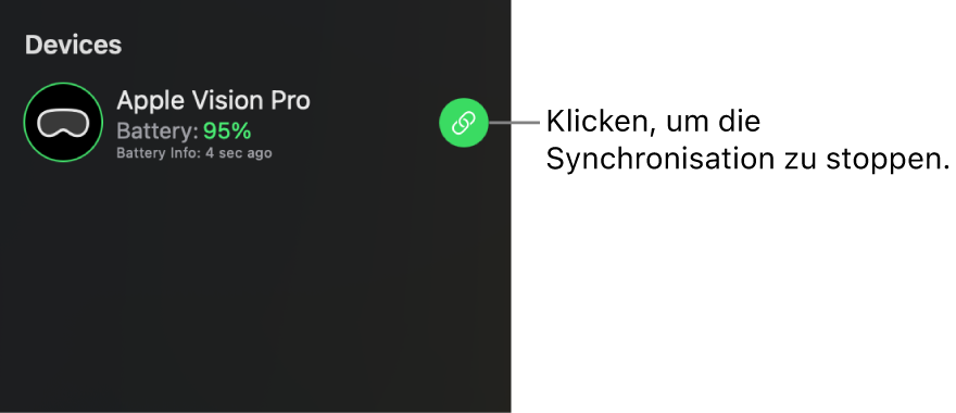 Die Seitenleiste im Apple Immersive Video-Dienstprogramm auf dem Mac zeigt eine verbundene Apple Vision Pro an. Die synchronisierte Wiedergabe ist aktiviert, aber es kann rechts auf die Taste „Synchronisieren“ geklickt werden, um die Wiedergabe auf dem Mac zu stoppen.