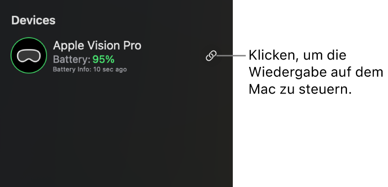 Die Seitenleiste im Apple Immersive Video-Dienstprogramm auf dem Mac zeigt eine verbundene Apple Vision Pro an. Rechts kann auf die Taste „Synchronisieren“ geklickt werden, um auf dem Mac die Wiedergabe auf der Apple Vision Pro zu steuern.