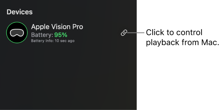 The sidebar in Apple Immersive Video Utility on Mac, showing a connected Apple Vision Pro. The Sync button on the right can be clicked to control playback on Apple Vision Pro from Mac.