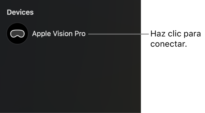Barra lateral de la app Utilidad Apple Immersive Video del Mac con un Apple Vision Pro desconectado. Se puede hacer clic en el nombre del dispositivo para conectarlo al Mac.