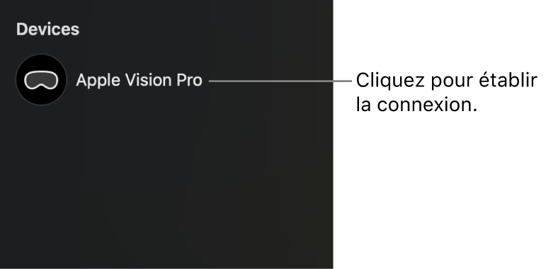 La barre latérale d’Utilitaire Apple Immersive Video sur Mac affichant un Apple Vision Pro déconnecté. Il est possible de cliquer sur le nom de l’appareil pour le connecter au Mac.