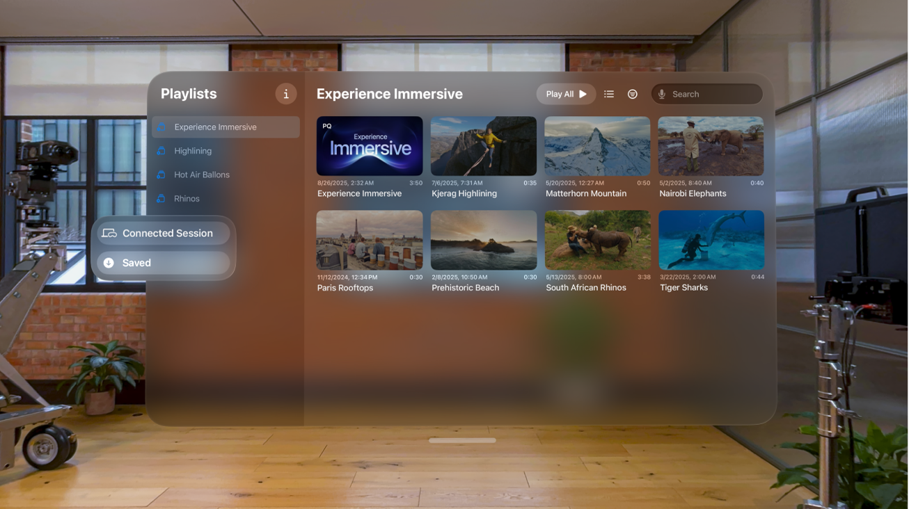Apple Vision ProのApple Immersive Videoユーティリティのウインドウ。プレイリストビューが表示されています。