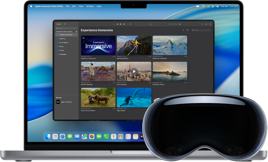 Apple Vision Pro 옆에 Apple Immersive Video 유틸리티가 열려 있는 Mac.