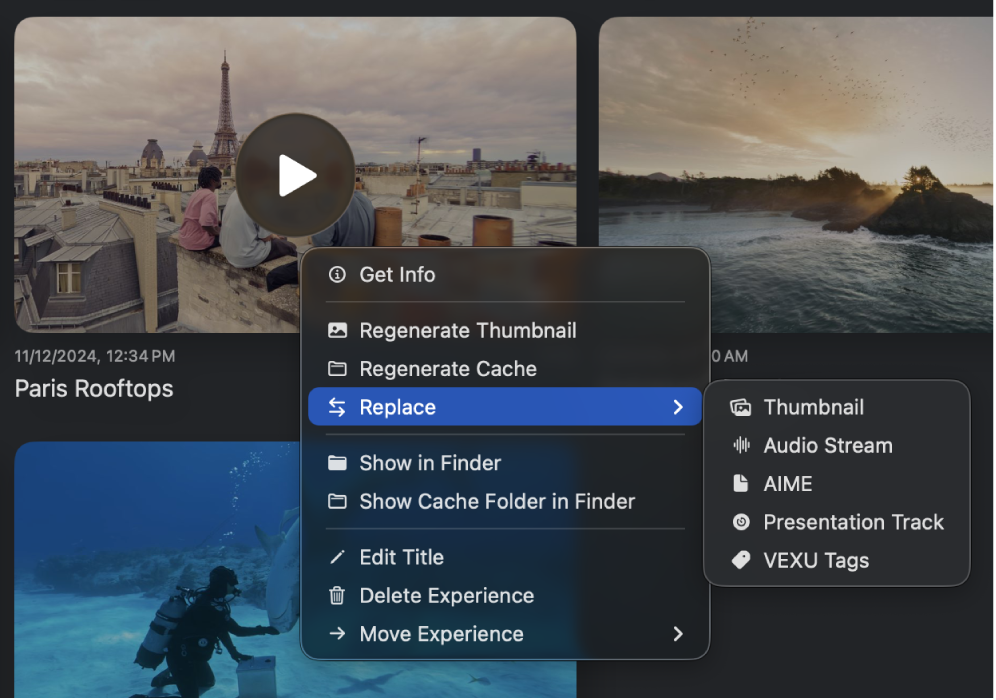 파일을 Control-클릭할 때 Apple Immersive Video 유틸리티에 나타나는 메뉴. 대치가 선택되어 있고, 내장 미디어 목록이 표시됨.