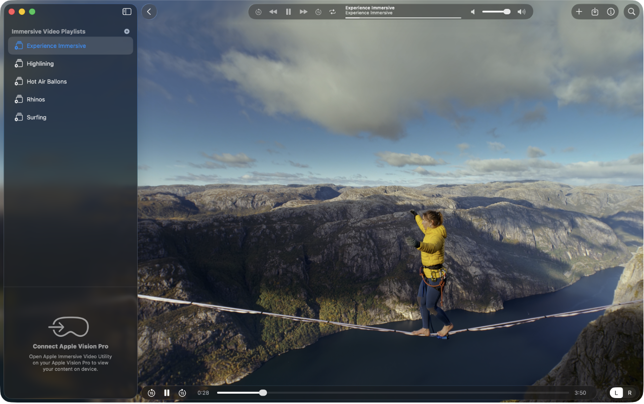 건너뛰기, 반복 재생, 재생 등의 제어기가 표시된 Mac의 Apple Immersive Video 유틸리티에 있는 재생 윈도우.