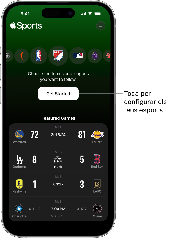 Pantalla d’inici de l’app Apple Sports