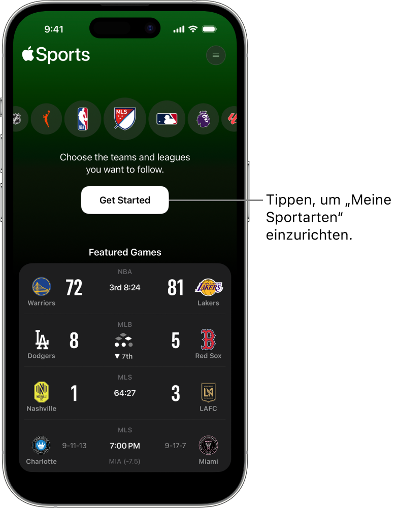 Startbildschirm in der Apple Sports-App