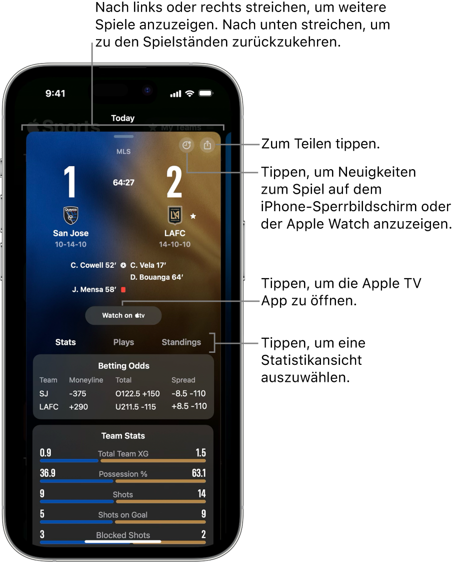 Details des Spielbildschirms in der Apple Sports-App