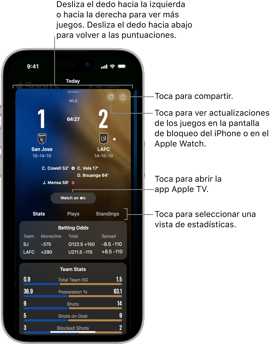 Detalle de la tarjeta del partido en la app Apple Sports