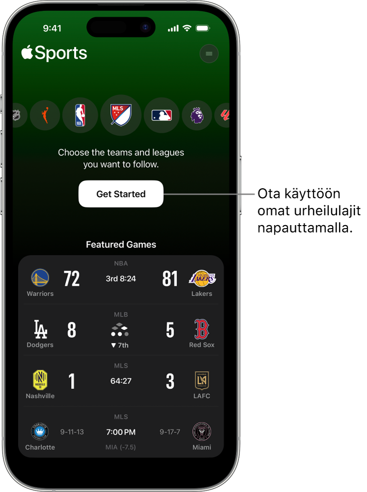 Aloitusnäyttö Apple Sports -apissa