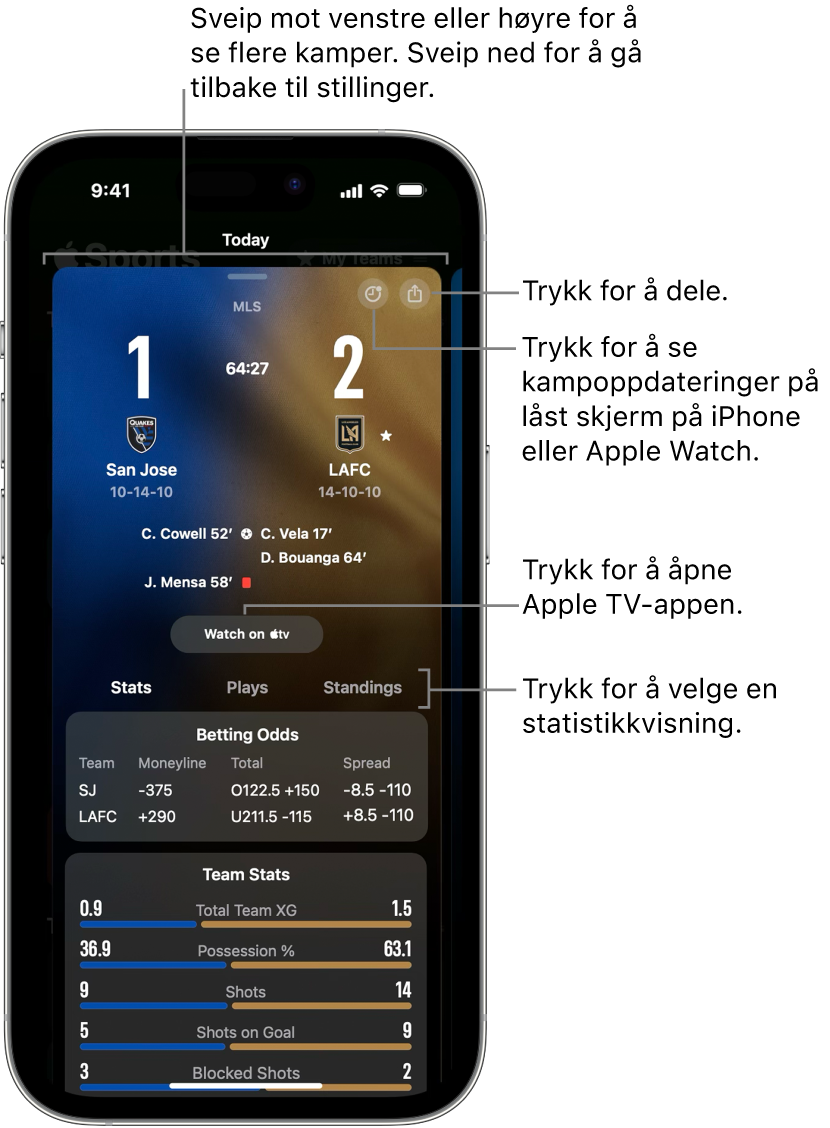 Kampinfo-detaljer i Sport-appen
