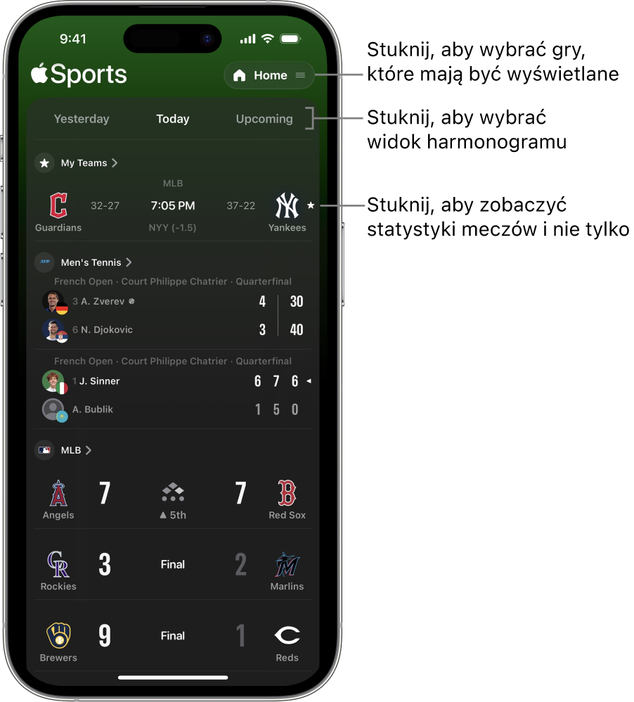 Szczegóły wyników w aplikacji Apple Sports