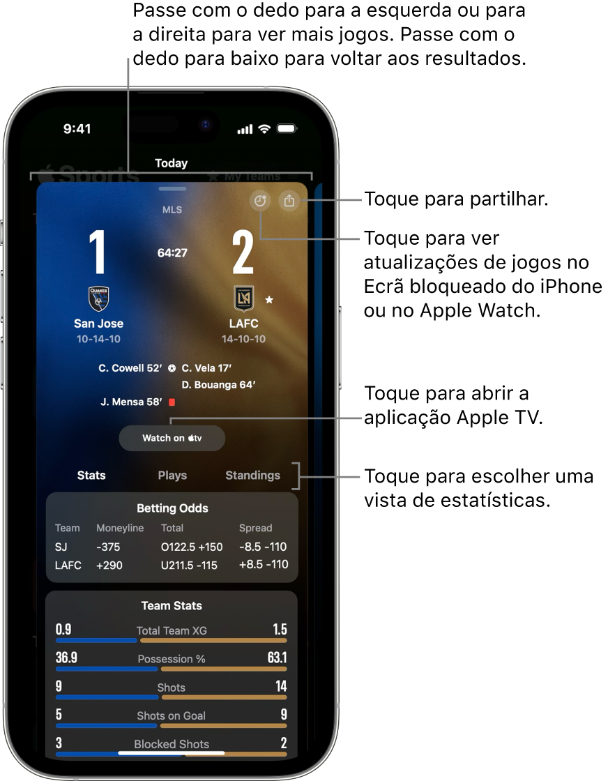 Detalhes da ficha de jogo na aplicação Apple Sports