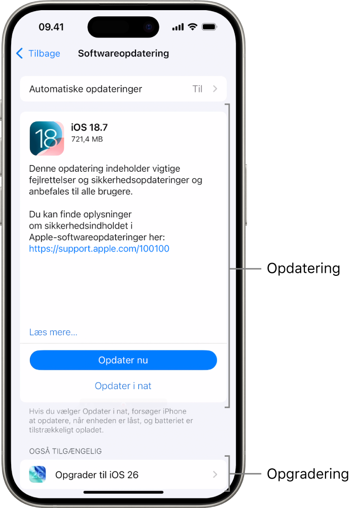 En iPhone-skærm, der viser en opdatering til iOS 18.7 eller en opgradering til iOS 26.
